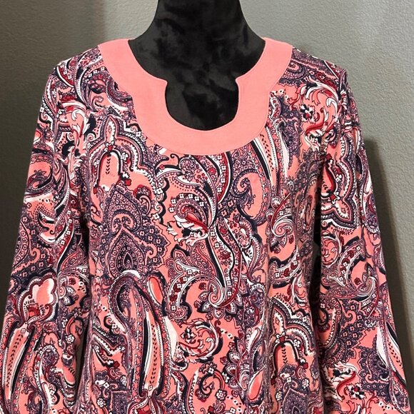 Kim Rogers Womens XL Paisley Tunic Top Coral Navy 3/4 Sleeve Cotton Blouse Boho - Picture 2 of 8